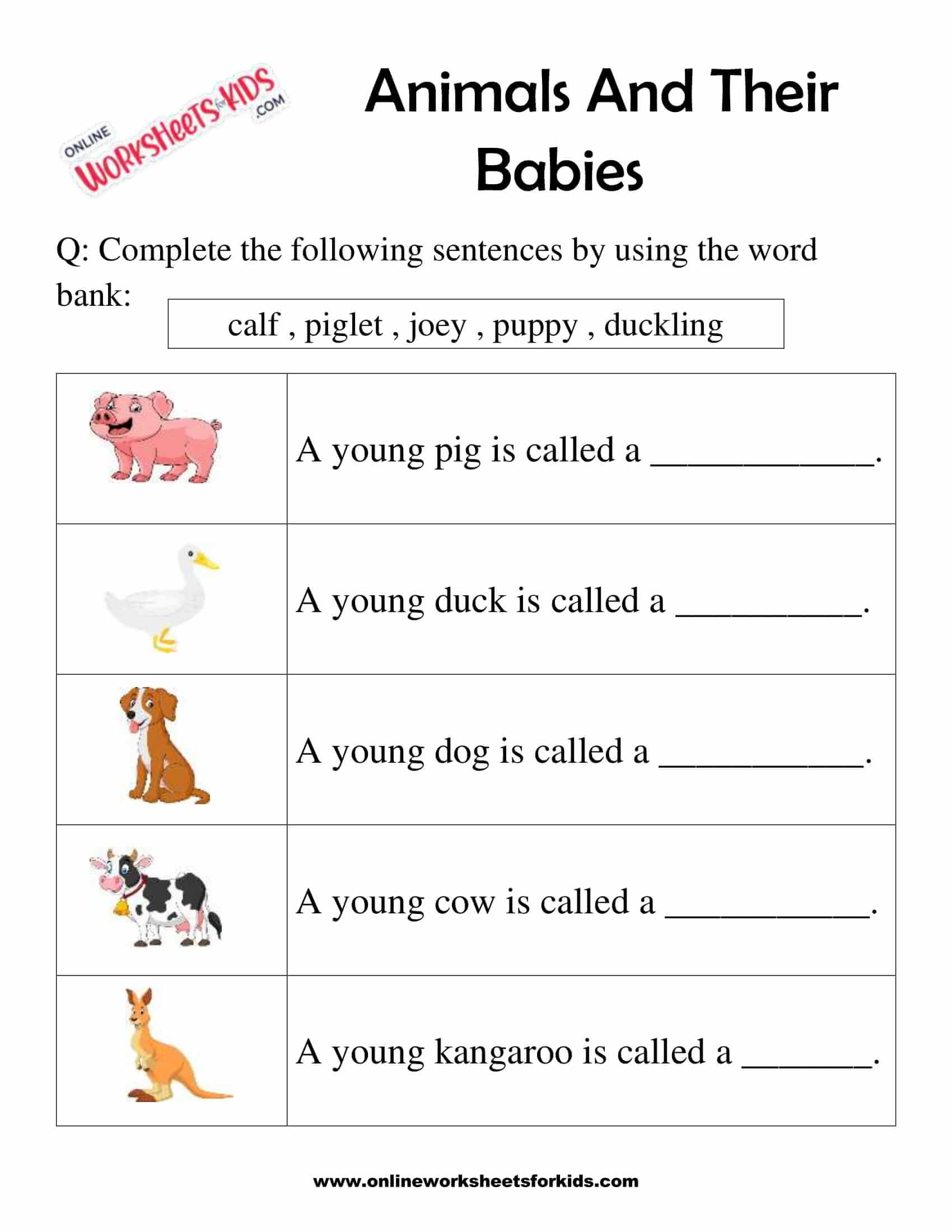 Free Animal and Their Babies Worksheet for Grade 1